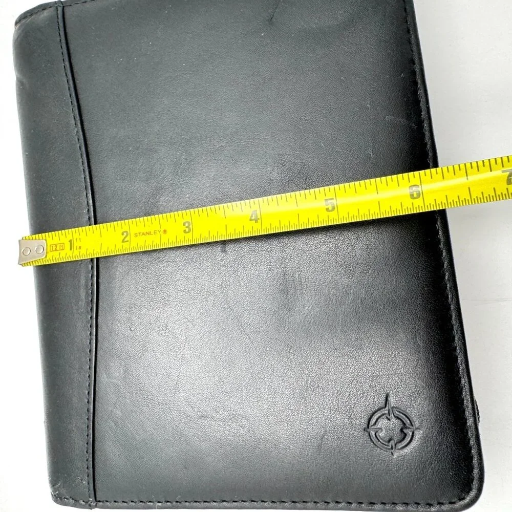 Franklin Quest Vtg Black Full Grain Leather Pocket Page Siz 6 Ring Zip Binder